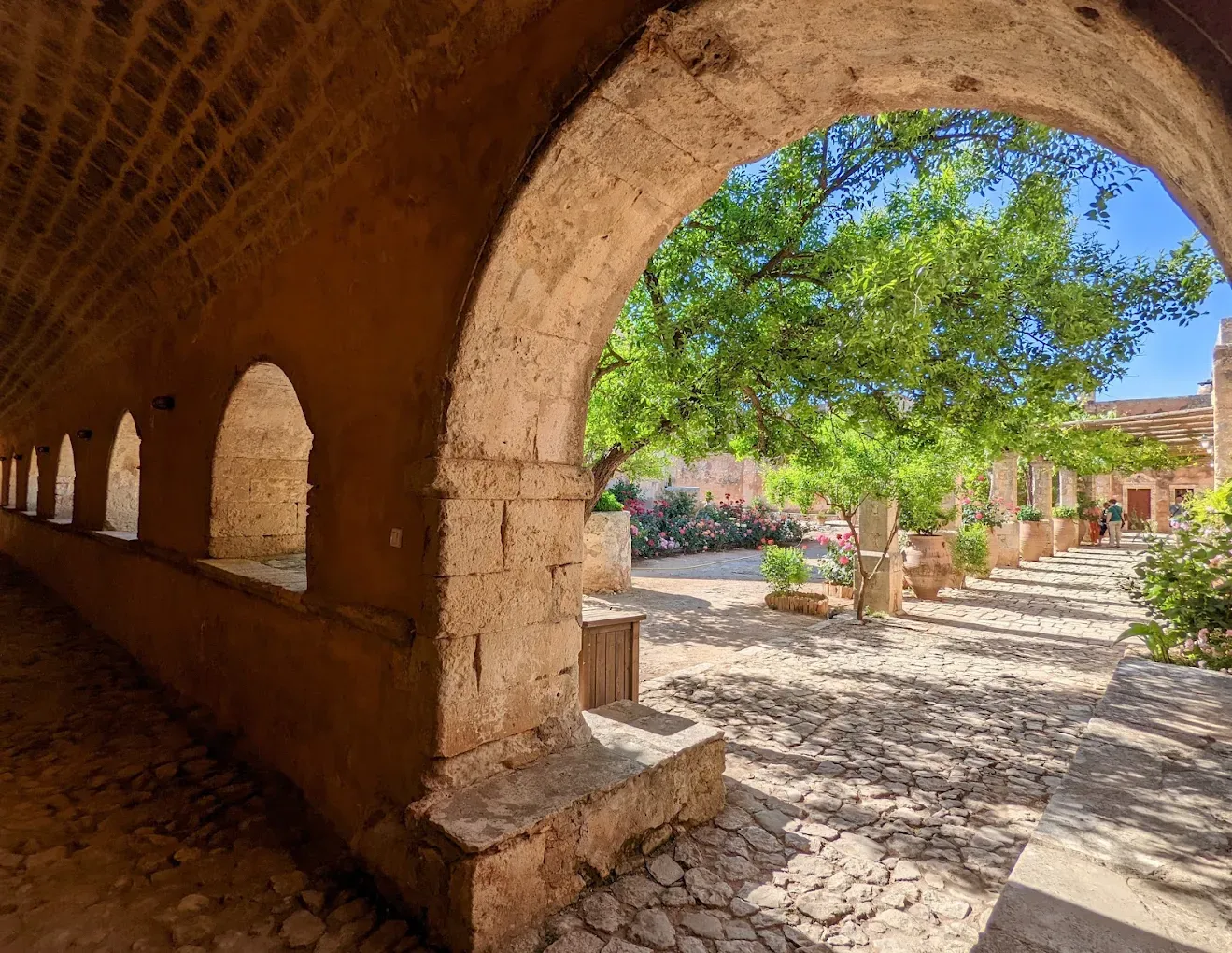 Central courtyard and main church at Moni Arkadiou in Crete