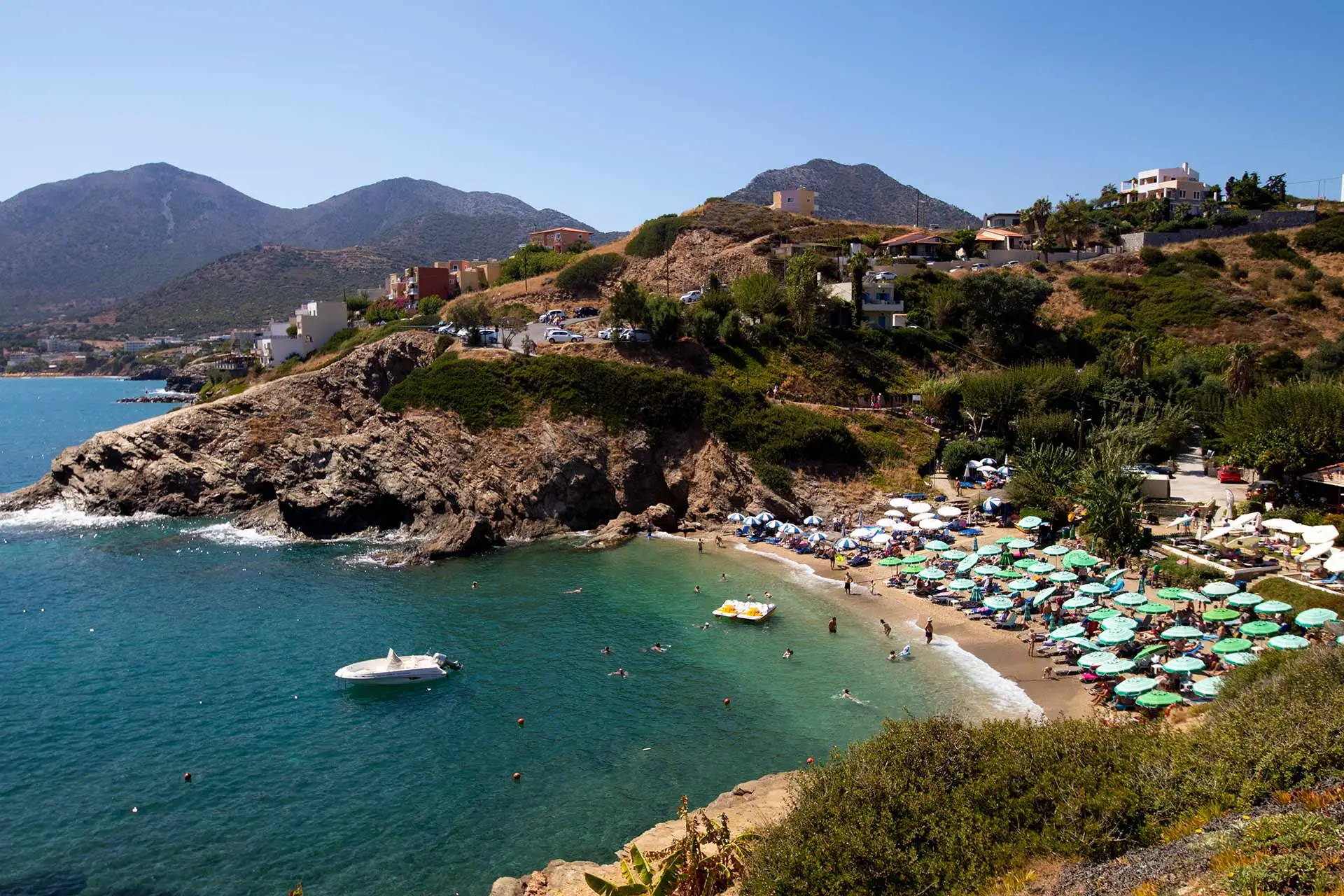 Aerial view of Bali village and its sheltered bays on the north coast of Crete, Rethymno region