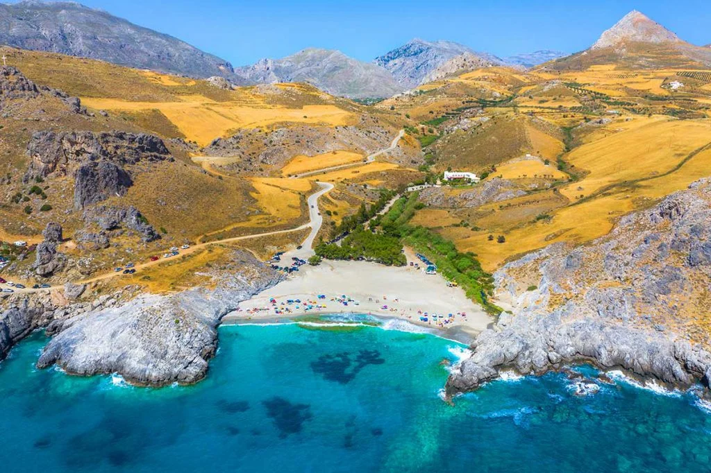 Aerial view of Plakias Beach and bay, south Rethymno, Crete